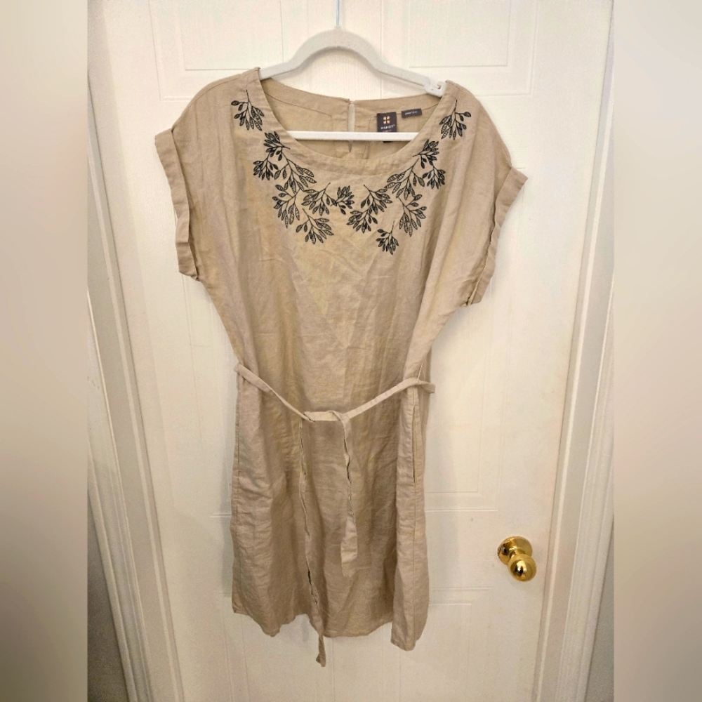Linen Blend Beige Floral Dress Tunic With Belt
